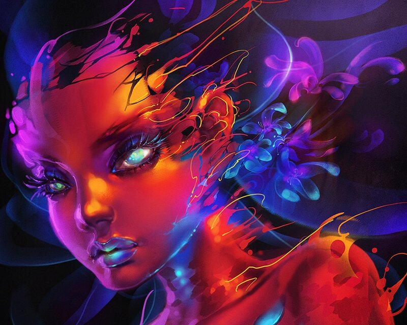 Woman with Glowing Eyes — Red, Dramatic, Digital Art, Flowers