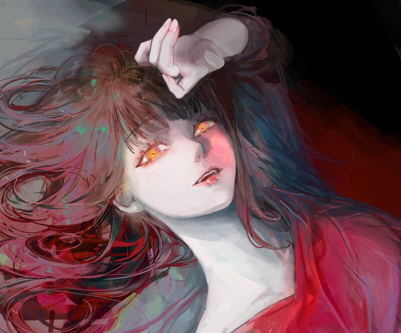Woman with Glowing Eyes — Red, Dramatic, Digital Art, Glowing Eyes, Red Hair