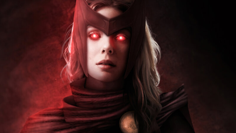 Woman with Glowing Eyes — Red, Dramatic, Digital Art, Hooded Cloak