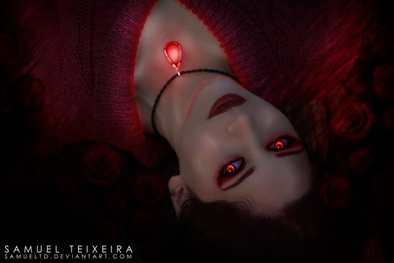 Woman with Glowing Eyes — Red, Dramatic, Night, Digital Art