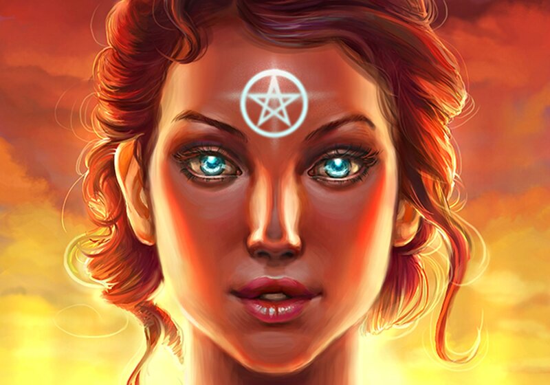 Woman with Glowing Eyes — Red, Dramatic, Sunset