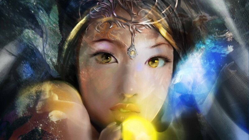 Woman with Glowing Eyes — Yellow, Dramatic, Digital Art