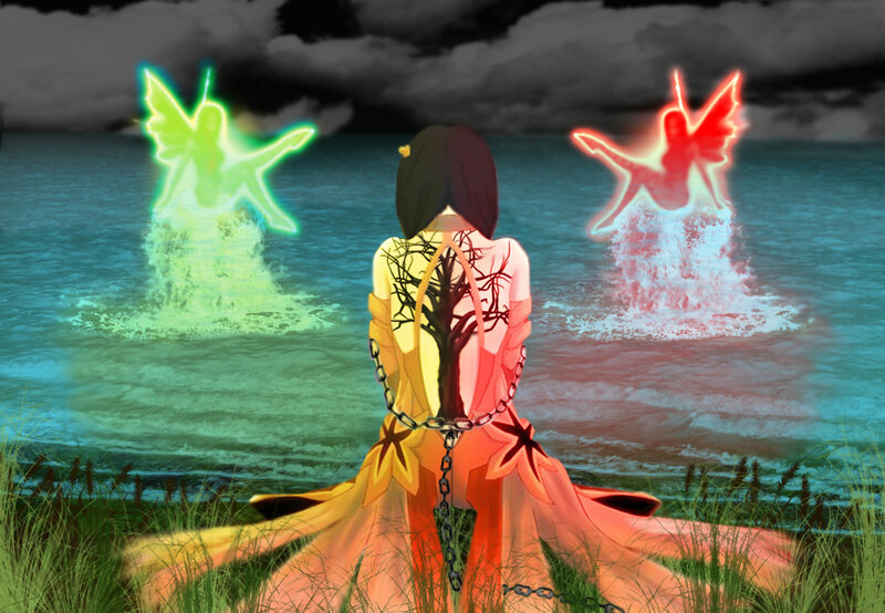 Woman with Glowing Figures — Green
