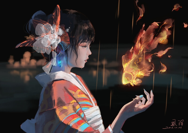 Woman with Glowing Fish — Black
