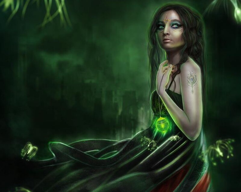 Woman with Glowing Green Dress