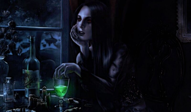 woman with glowing green drink