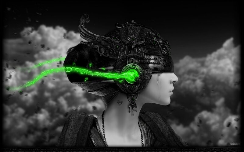 woman with glowing green headphones