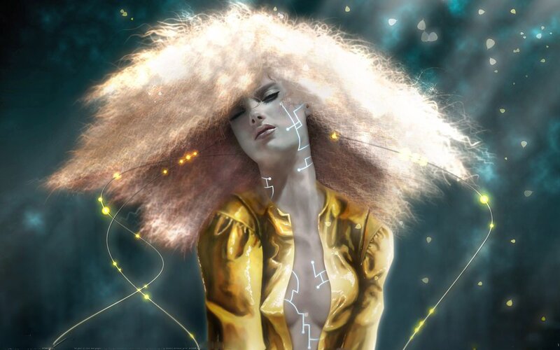 woman with glowing hair and circuits