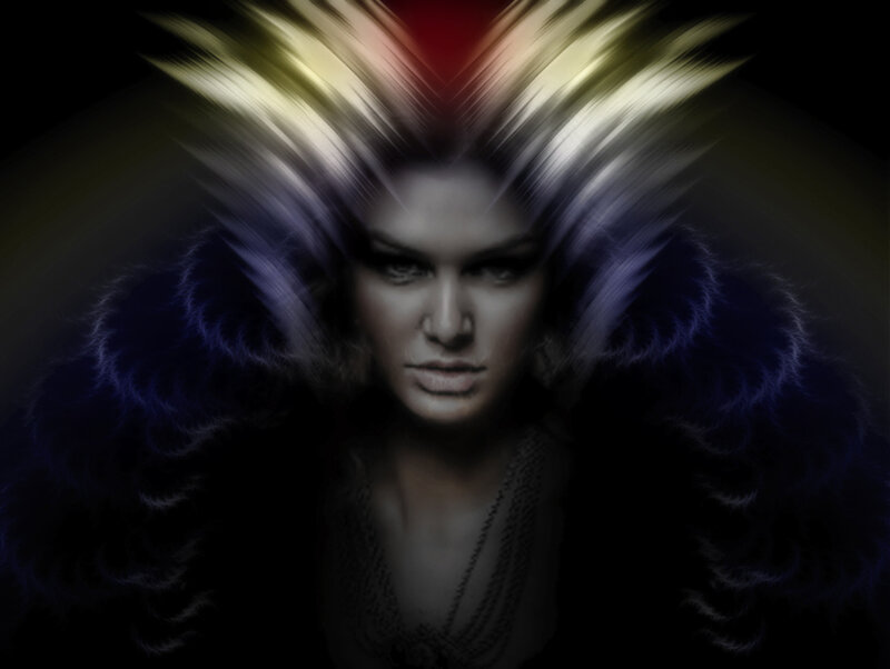Woman with Glowing Hair — Black, Dramatic, Digital Art