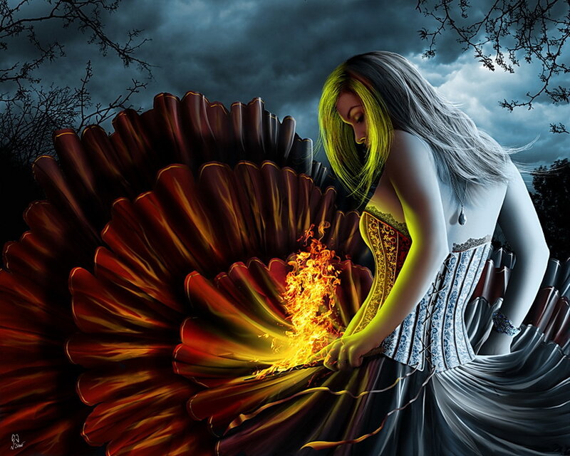 Woman with Glowing Hair — Black, Dramatic, Night