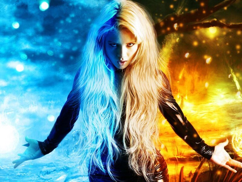 Woman with Glowing Hair — Blue, Dramatic, Digital Art, Fire