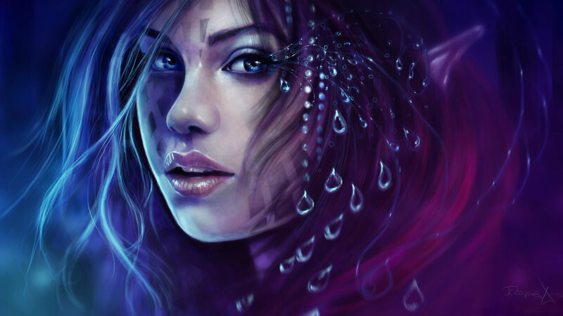 Woman with Glowing Hair — Blue, Dramatic, Night, Digital Art, Eyes