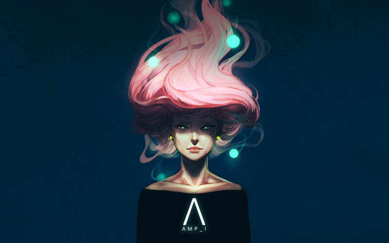 Woman with Glowing Hair — Blue, Dramatic, Night, Digital Art, Glowing Orbs