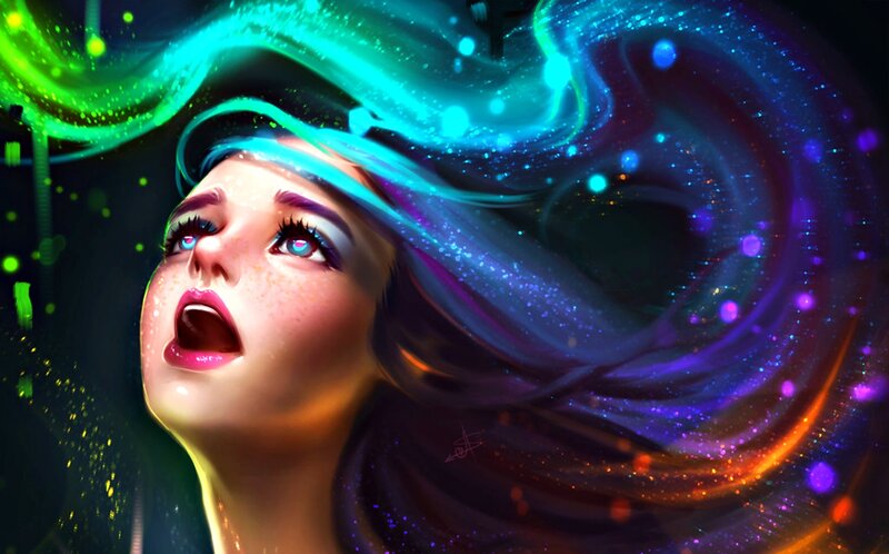 Woman with Glowing Hair — Blue, Dramatic, Night, Digital Art, Glowing Particles