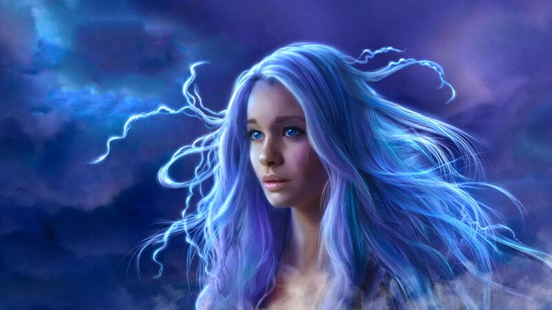 Woman with Glowing Hair — Blue, Dramatic, Night, Digital Art, Lightning