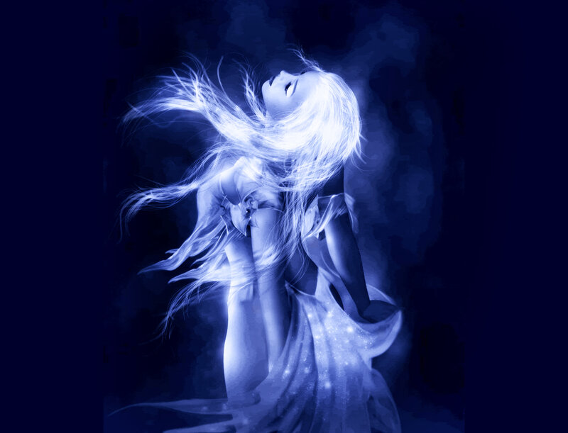 Woman with Glowing Hair — Blue, Dramatic, Night