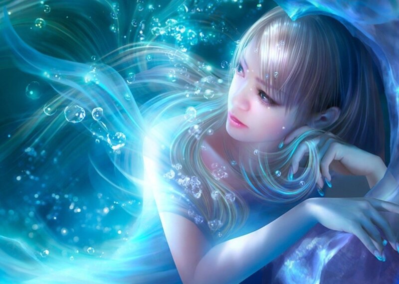 Woman with Glowing Hair — Blue, Serene, Digital Art