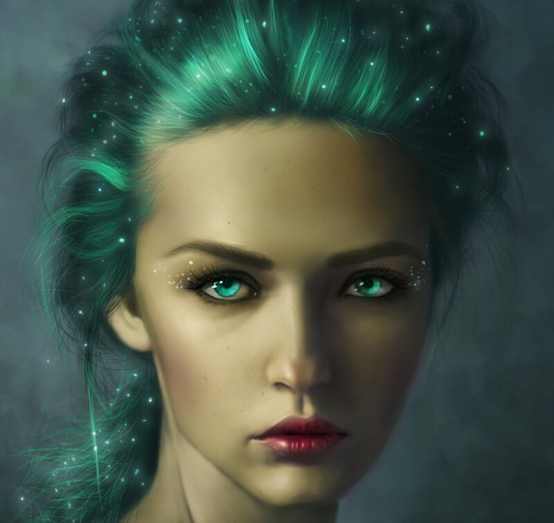 Woman with Glowing Hair — Green, Dramatic