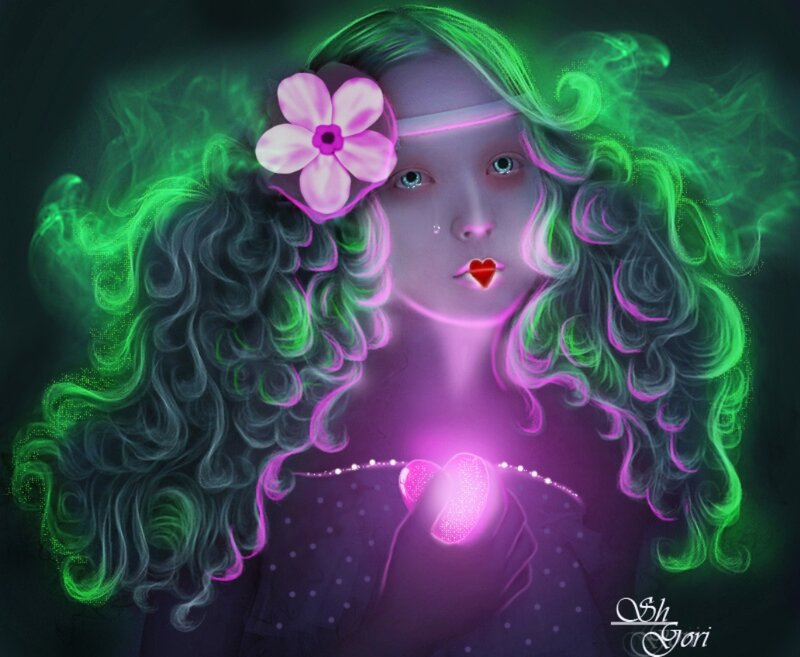 Woman with Glowing Hair — Green, Ethereal, Digital Art