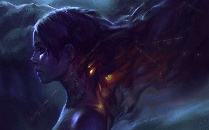Woman with Glowing Hair — Purple, Dramatic, Night, Digital Art, Light