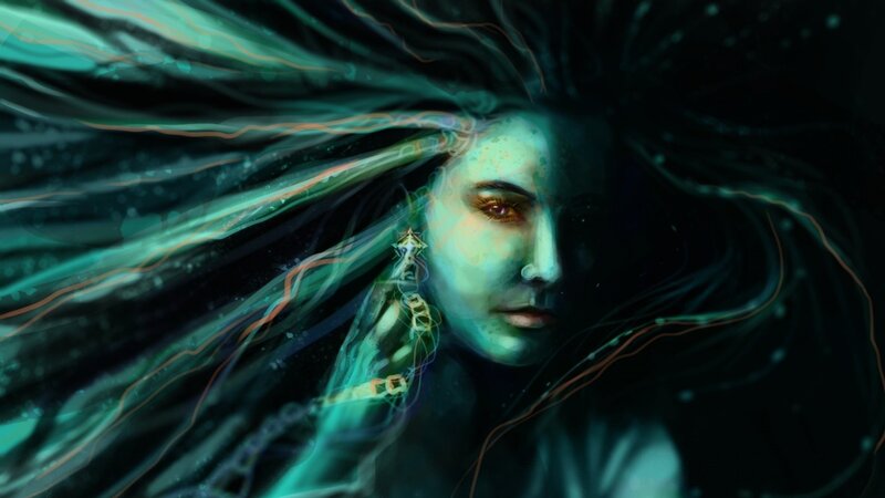 Woman with Glowing Hair — Teal, Dramatic, Digital Art