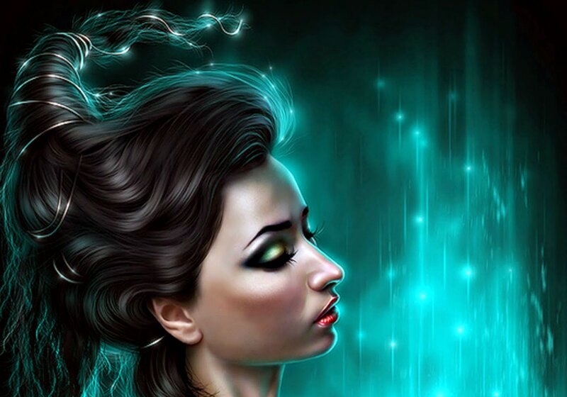 Woman with Glowing Hair — Teal, Dramatic
