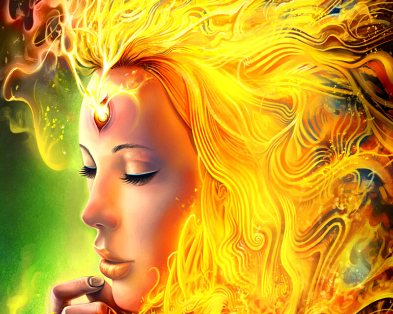 Woman with Glowing Hair — Yellow, Serene, Digital Art