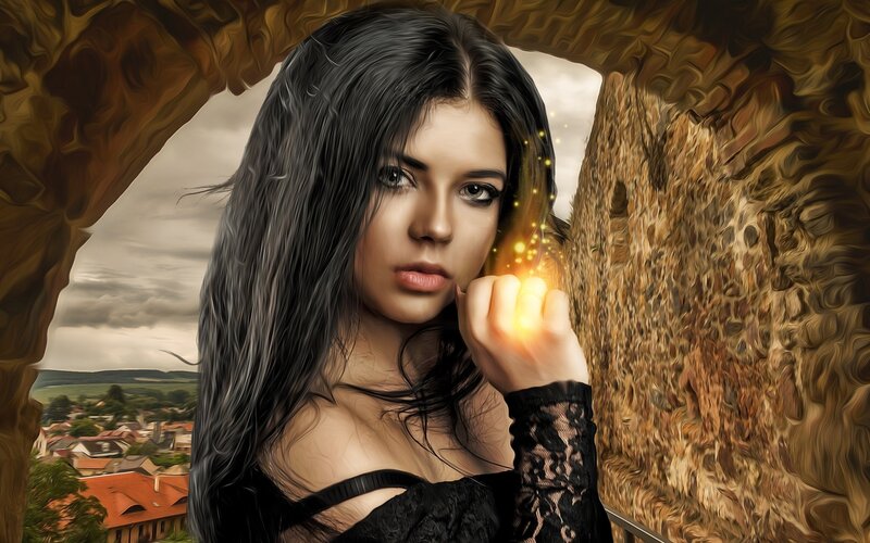 Woman with Glowing Hand — Black, Dramatic, Digital Art