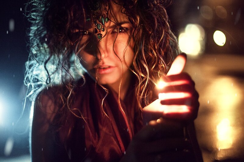 Woman with Glowing Hand — Black, Dramatic, Night, Photograph