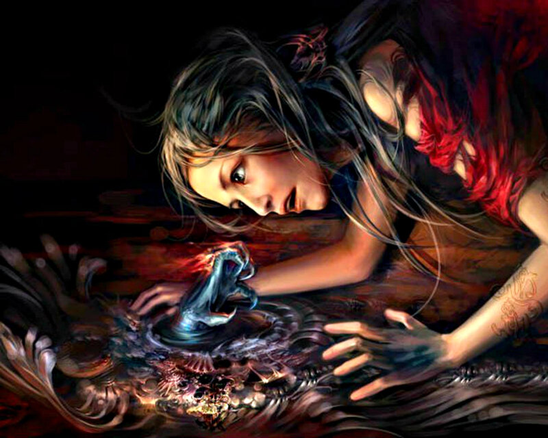 Woman with Glowing Hand — Black, Dramatic, Night