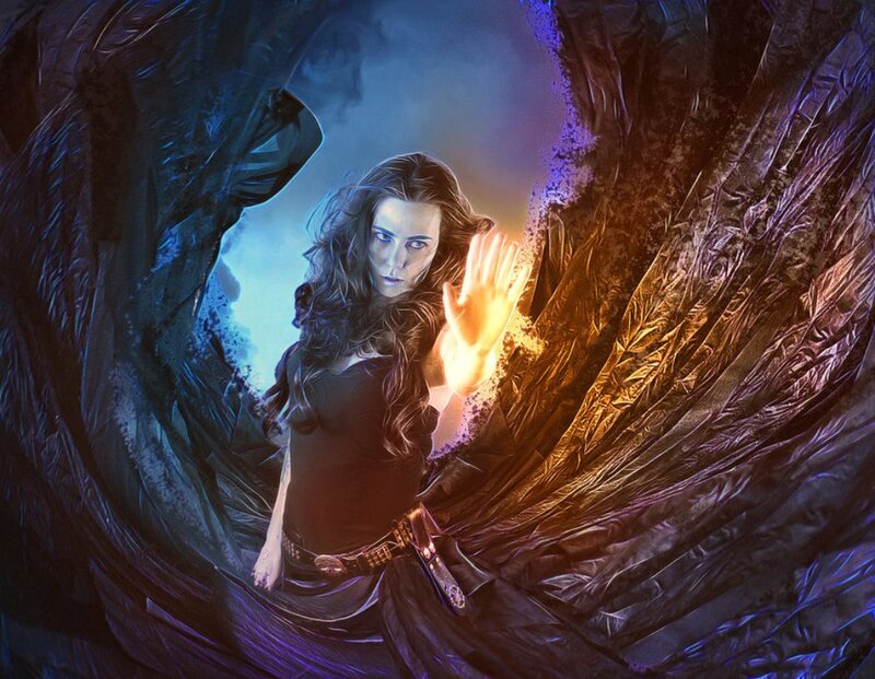 Woman with Glowing Hand — Blue, Dramatic, Digital Art