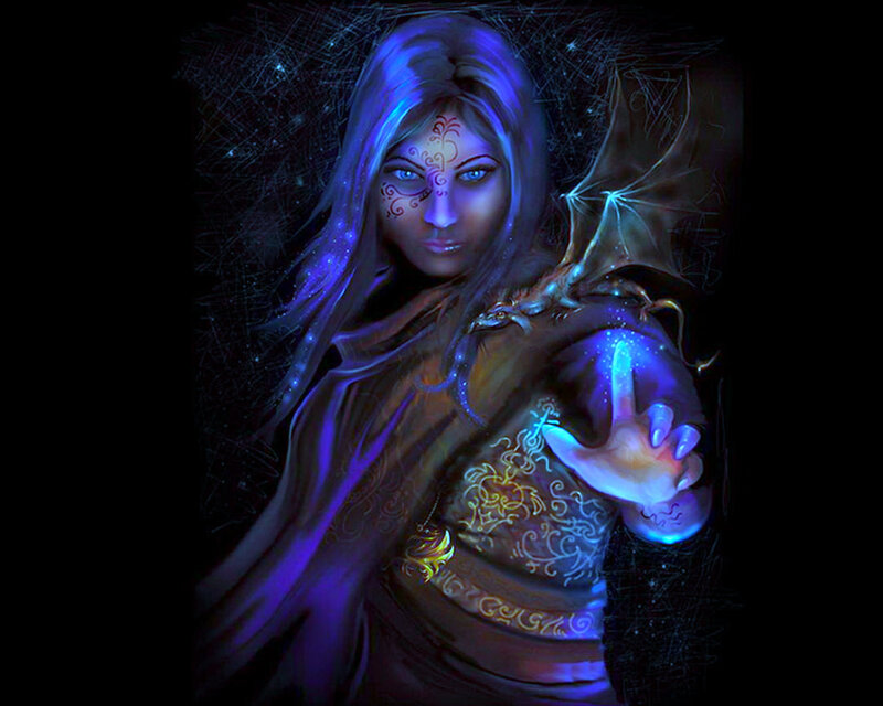 Woman with Glowing Hand — Blue, Dramatic, Night, Digital Art, Dragon
