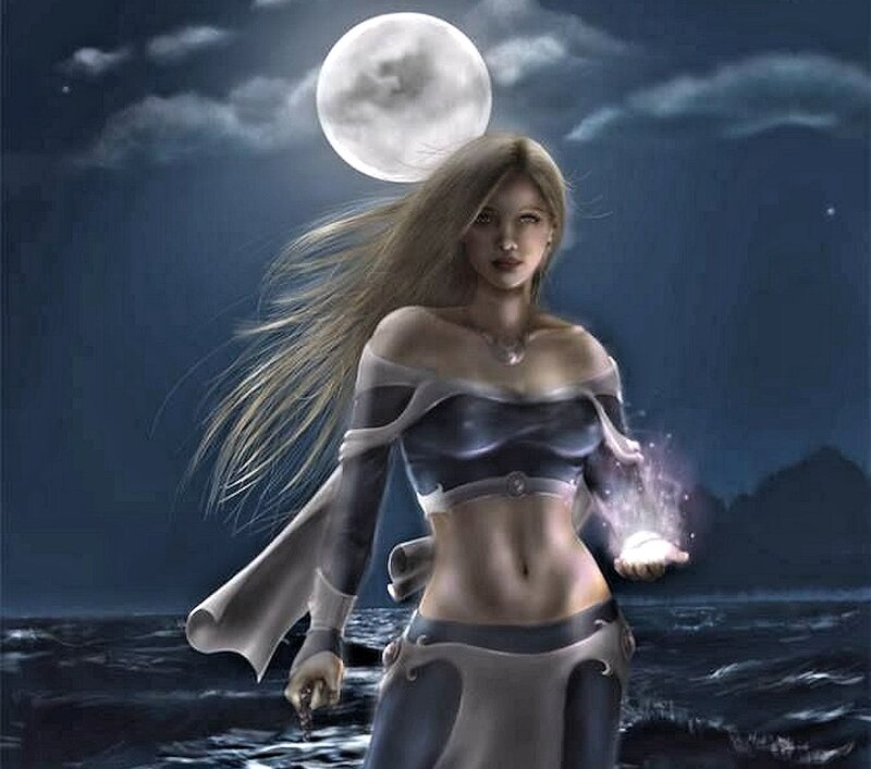 Woman with Glowing Hand — Blue, Dramatic, Night, Digital Art, Moon