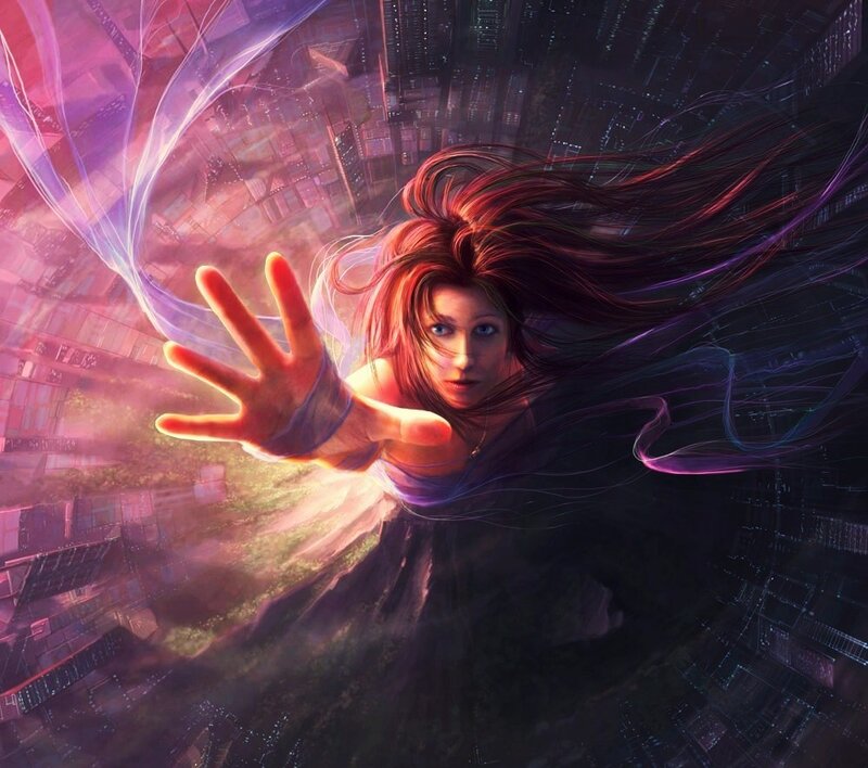 Woman with Glowing Hand — Purple, Dramatic, Night