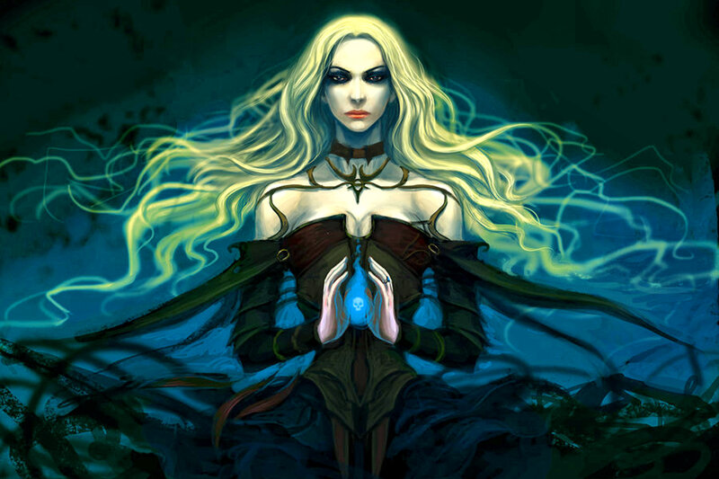 Woman with Glowing Hands — Blue, Dramatic, Digital Art, Long Blonde Hair