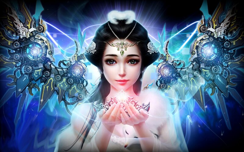 Woman with Glowing Hands — Blue, Dramatic, Digital Art, Mechanical Wings
