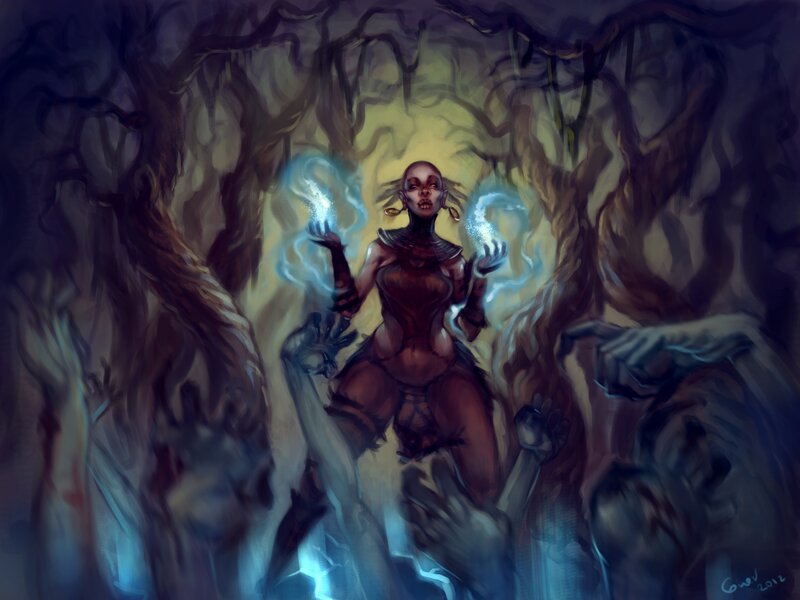 Woman with Glowing Hands — Blue, Dramatic, Night, Digital Art, Glowing Hands