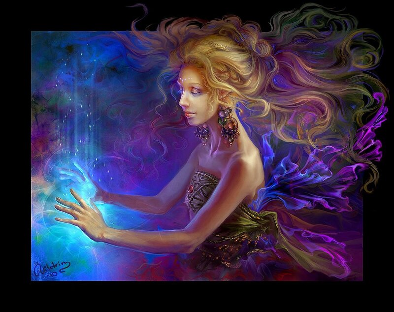 Woman with Glowing Hands — Blue, Ethereal, Digital Art, Hair