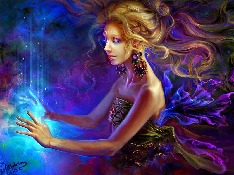 Woman with Glowing Hands — Blue, Ethereal, Digital Art, Long Hair