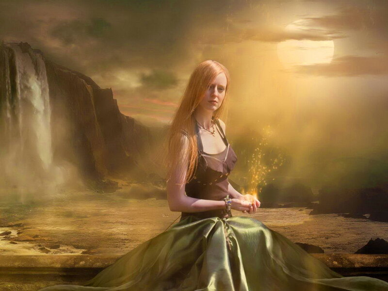 Woman with Glowing Hands — Gold, Dramatic