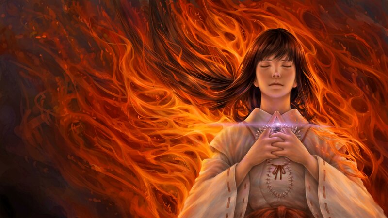 Woman with Glowing Hands — Orange, Dramatic, Digital Art, Fire