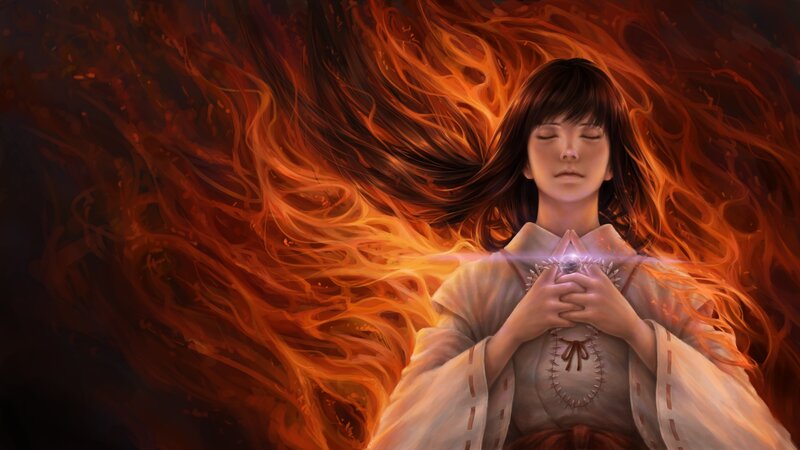 Woman with Glowing Hands — Orange, Dramatic, Digital Art