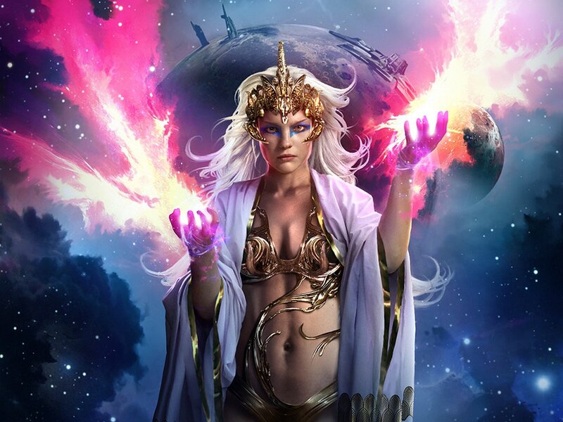 Woman with Glowing Hands — Purple, Dramatic, Digital Art, Planet