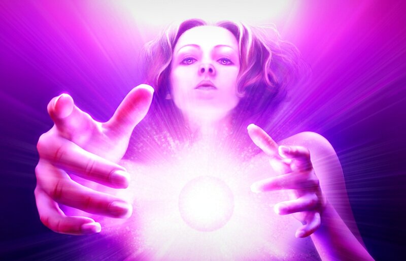 Woman with Glowing Hands — Purple, Dramatic, Digital Art