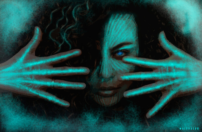 Woman with Glowing Hands — Teal