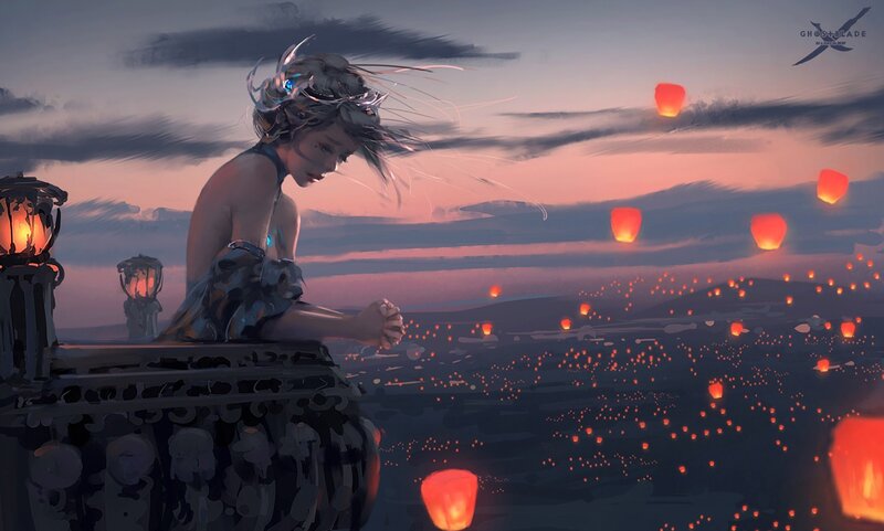 Woman with Glowing Headpiece — Orange, Serene, Sunset
