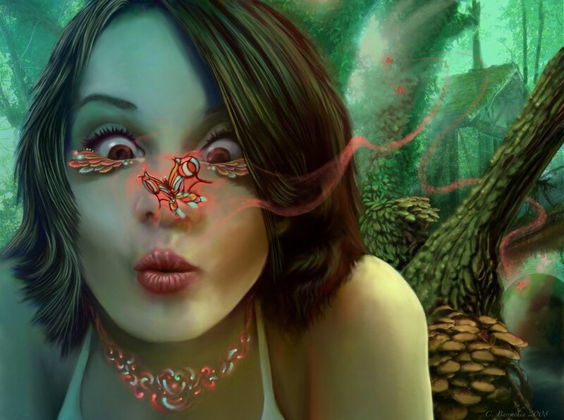 woman with glowing insects in forest