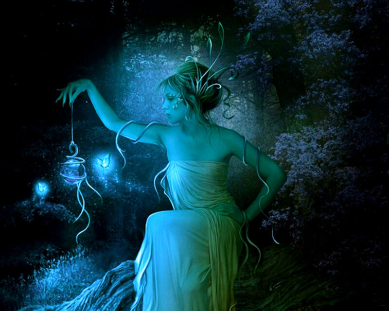 Woman with Glowing Lantern — Blue