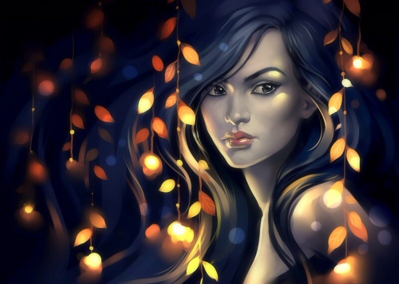 Woman with Glowing Leaves — Blue