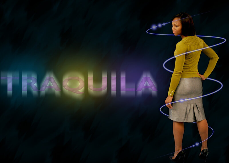 Woman with glowing lines and text